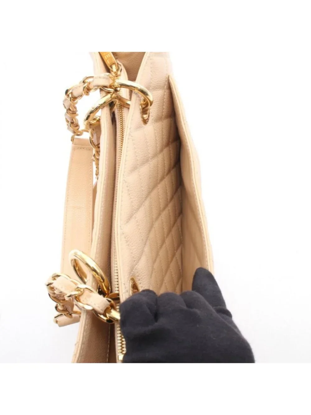 Chanel Tote Quilted Grand Shopping GST Beige Caviar Leather Chain